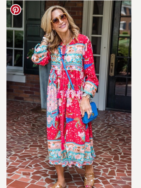 R. Vivimos Dresses & Skirts - Red Floral Boho Maxi Dress with Tassel Tie Medium 8/10